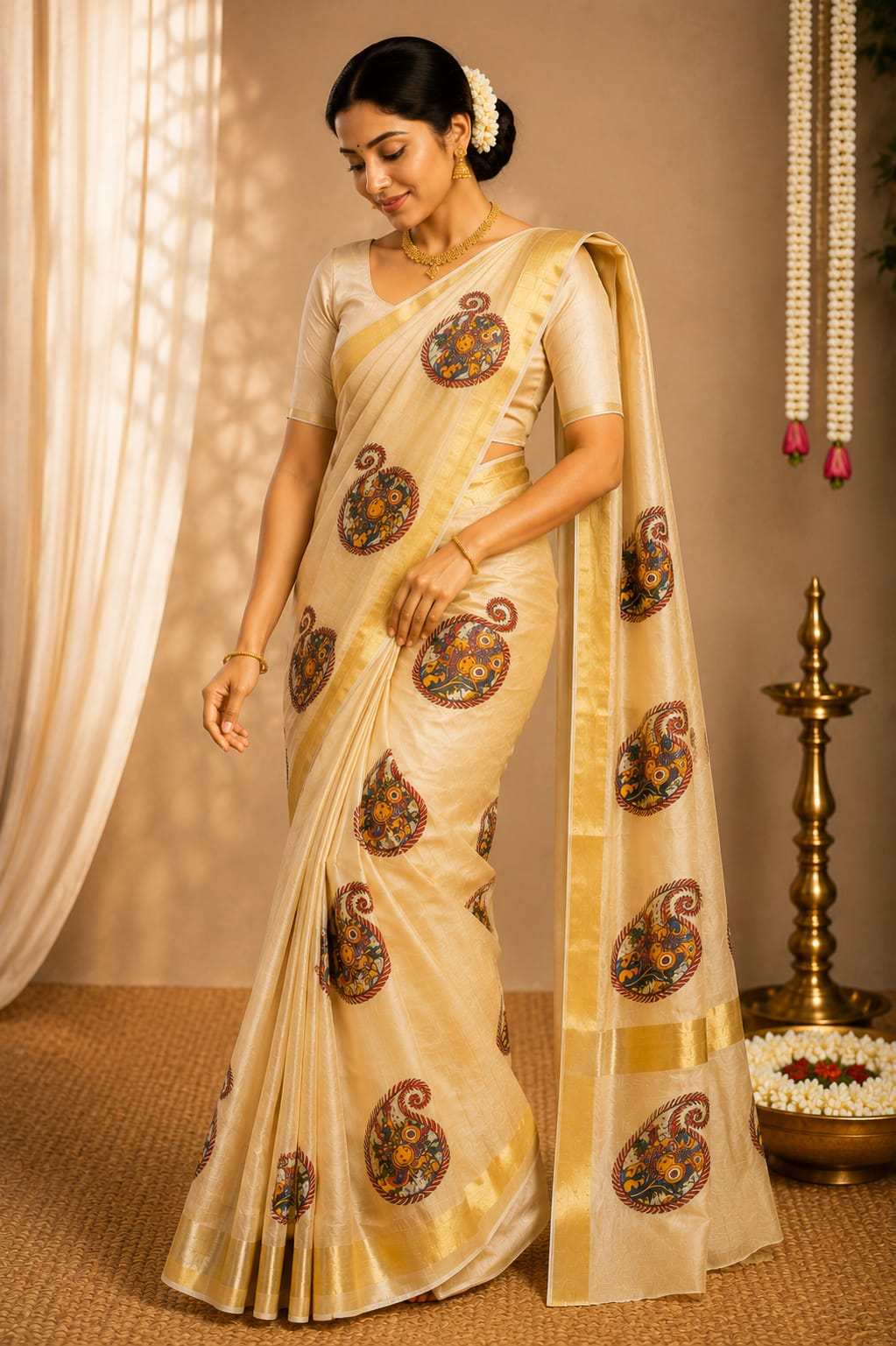 Kerala Set Saree · Mural Print Golden Tissue