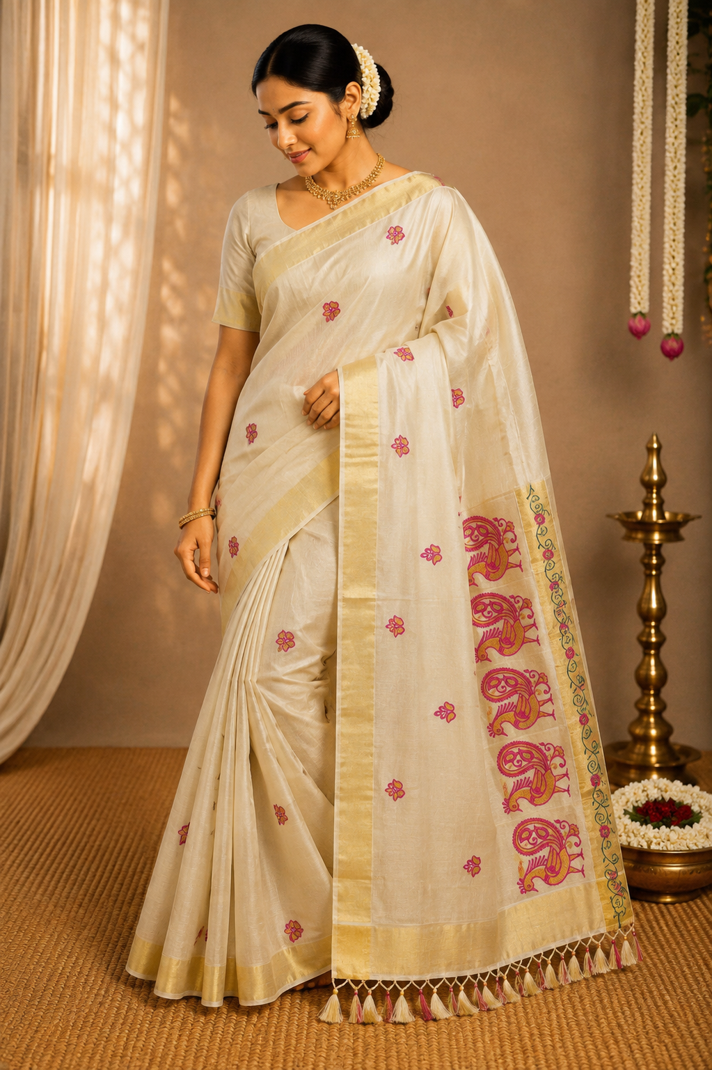 Kerala Tissue Set Saree – Peacock Magenta Work